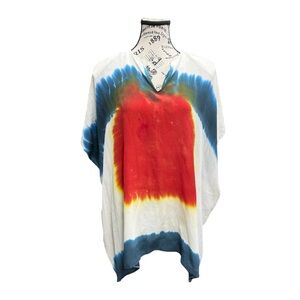 Artisanal 100% Silk Tie Dye Sunburst Kaftan Tunic - Blue & Red